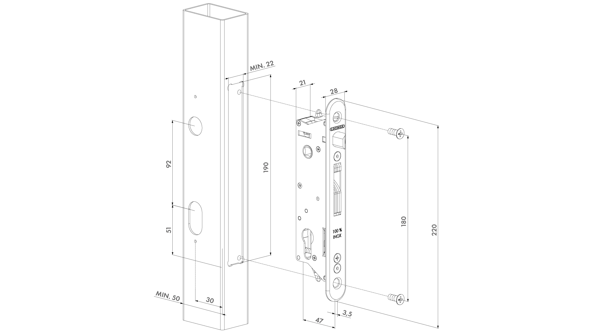 Locinox Indbygnings Låsekasser 50mm - Fiftylock - Tegning