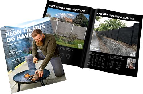 Produktbrochure for hegnsløsninger med sort baggrund og billeder