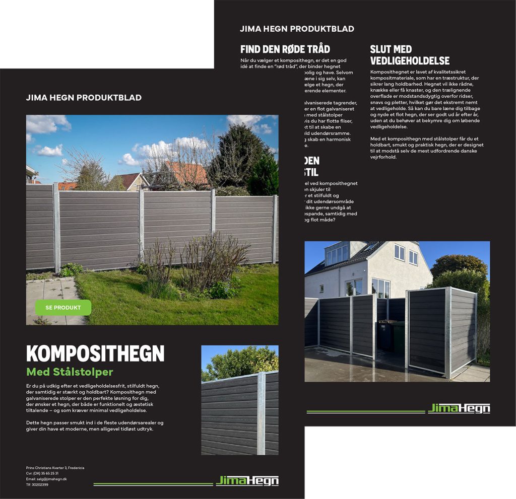 Produktbrochure for hegnsløsninger med sort baggrund og billeder
